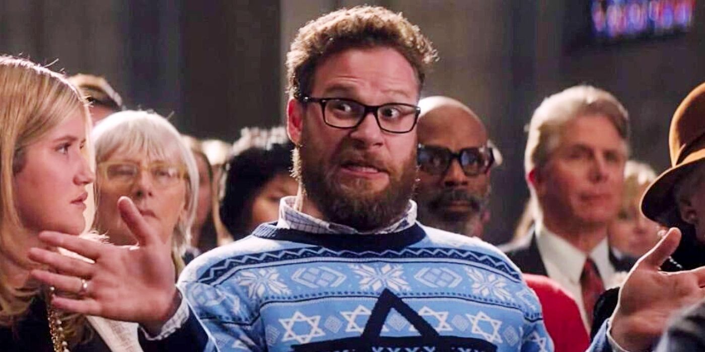 Seth Rogen explicando algo em The Night Before.