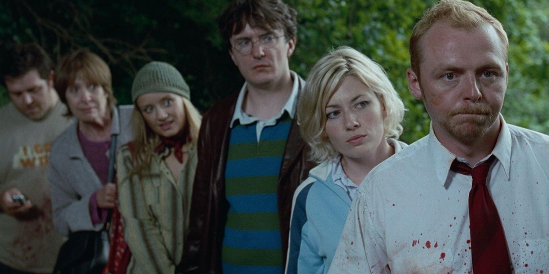 Shaun and the survivors looking at their doppelgangers in Shaun of the Dead