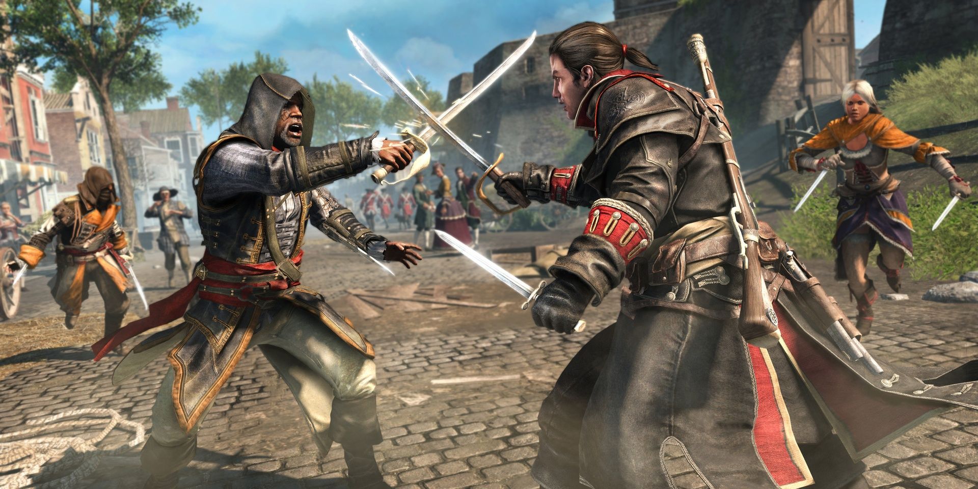 Shay Cormac em uma luta de espadas em Assassin's Creed Rogue 