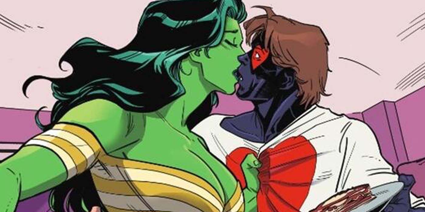 She-Hulk kisses Jack of Hearts in Marvel Comics 