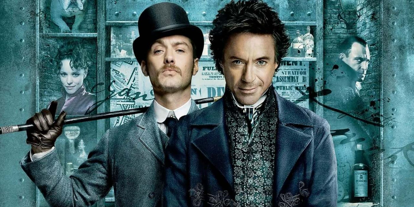 Sherlock e Dr. Watson posando no pôster do filme Sherlock Holmes de 2008