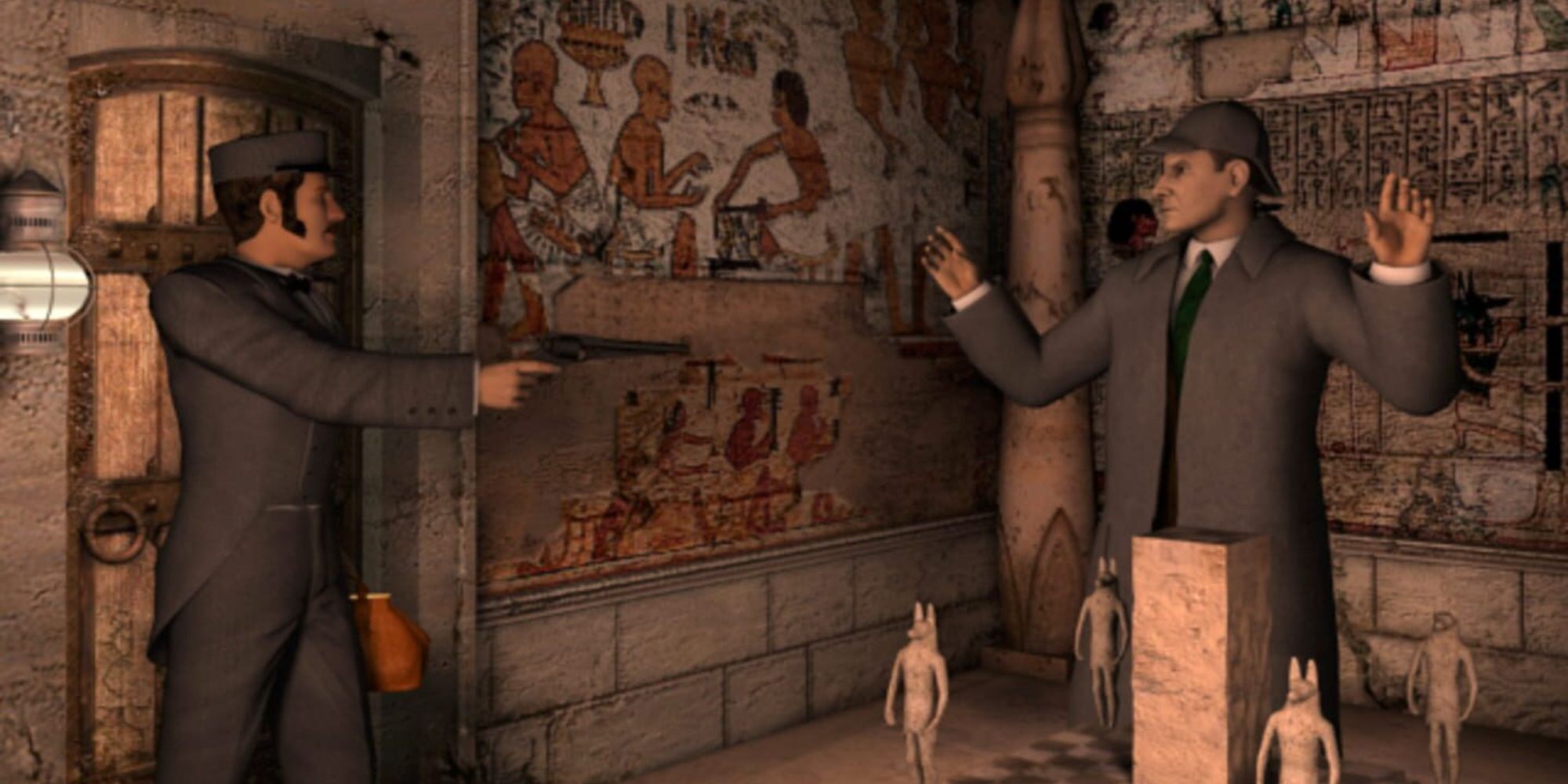 Sherlock is threatened by a man in a tomb in Sherlock Holmes Mystery Of The Mummy