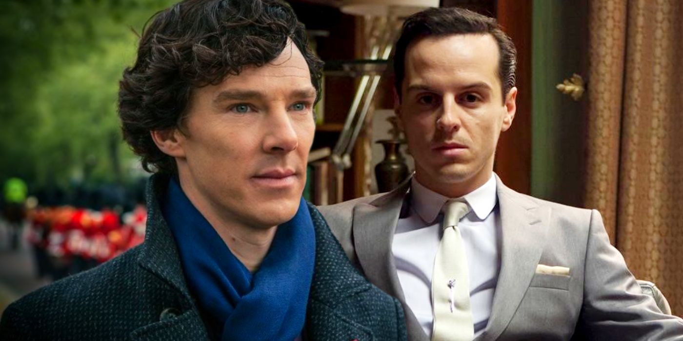 Benedict Cumberbatch as Sherlock Holmes with Andrew Scott as Jim Moriarty
