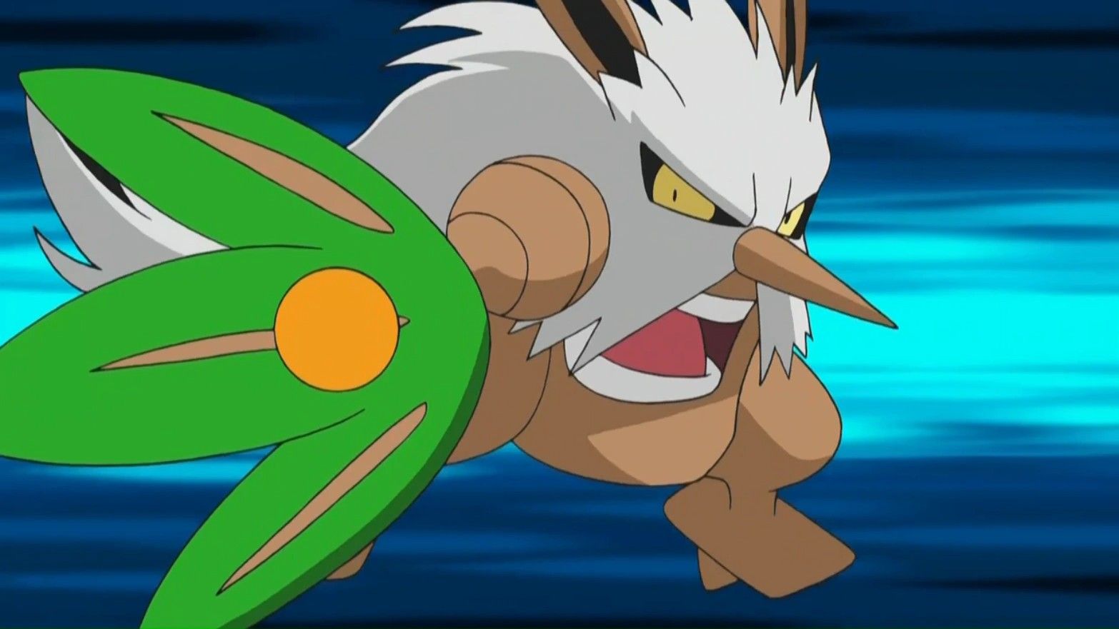 Shiftry no meio de um ataque no anime Pokémon.
