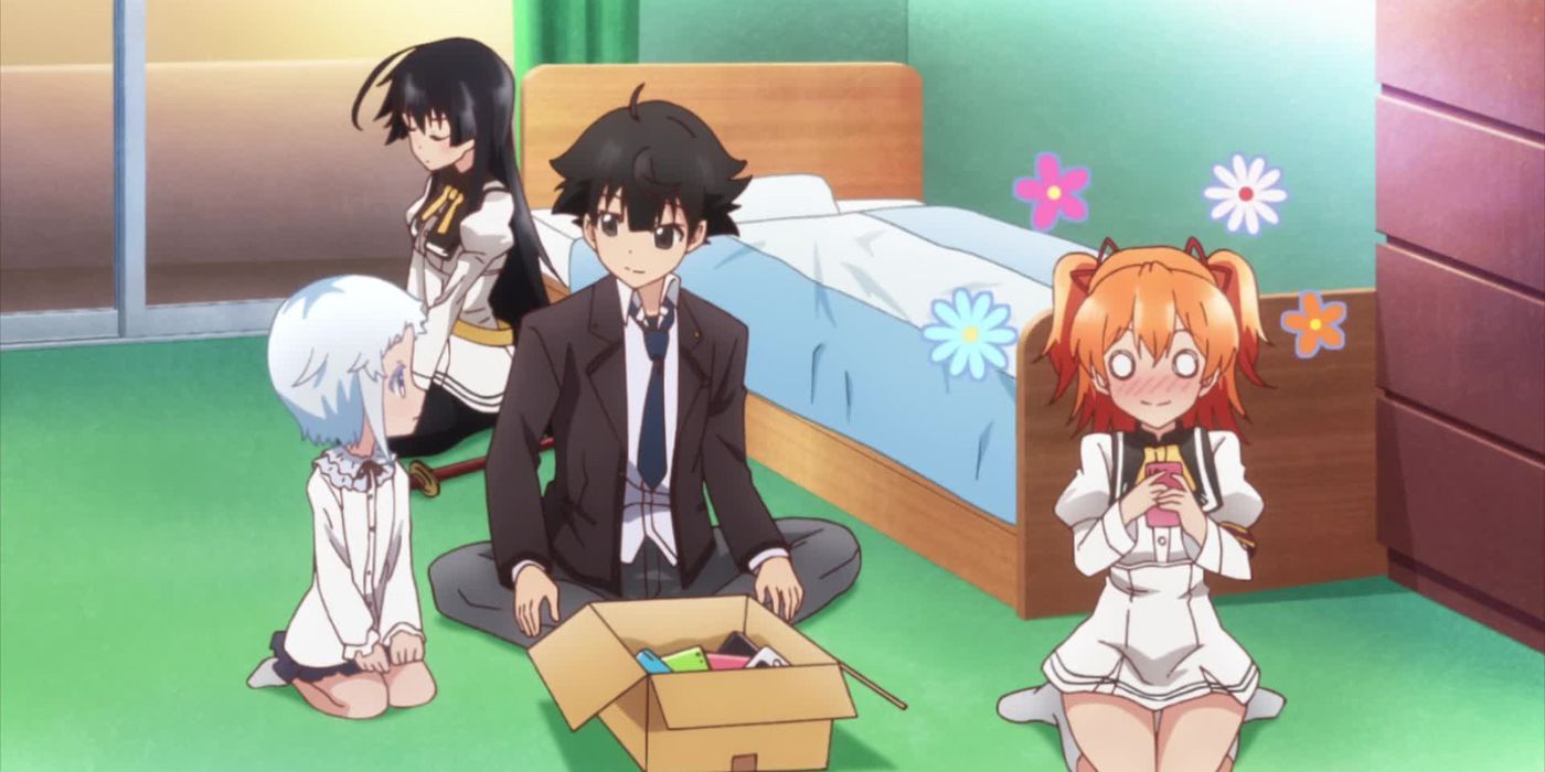 Characters of the anime Shomin Sample sitting together.