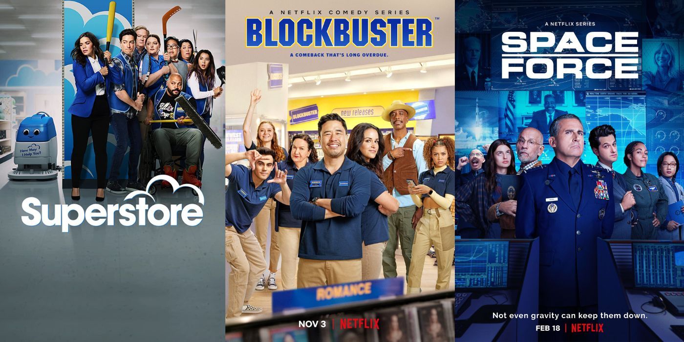 Split Image: Superstore, Blockbuster, and Space Force posters