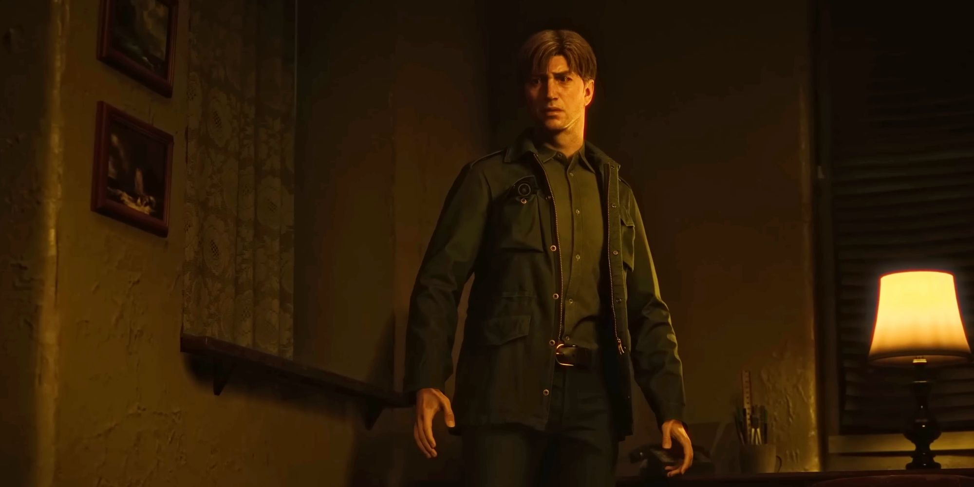 James from the Silent Hill 2 remake standing in a dimly lit room looking concerned.