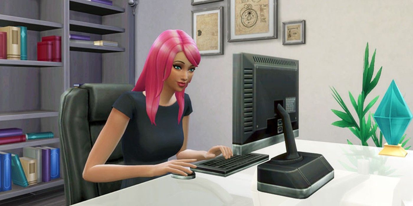A Sims 4 Sim using a computer at a desk.