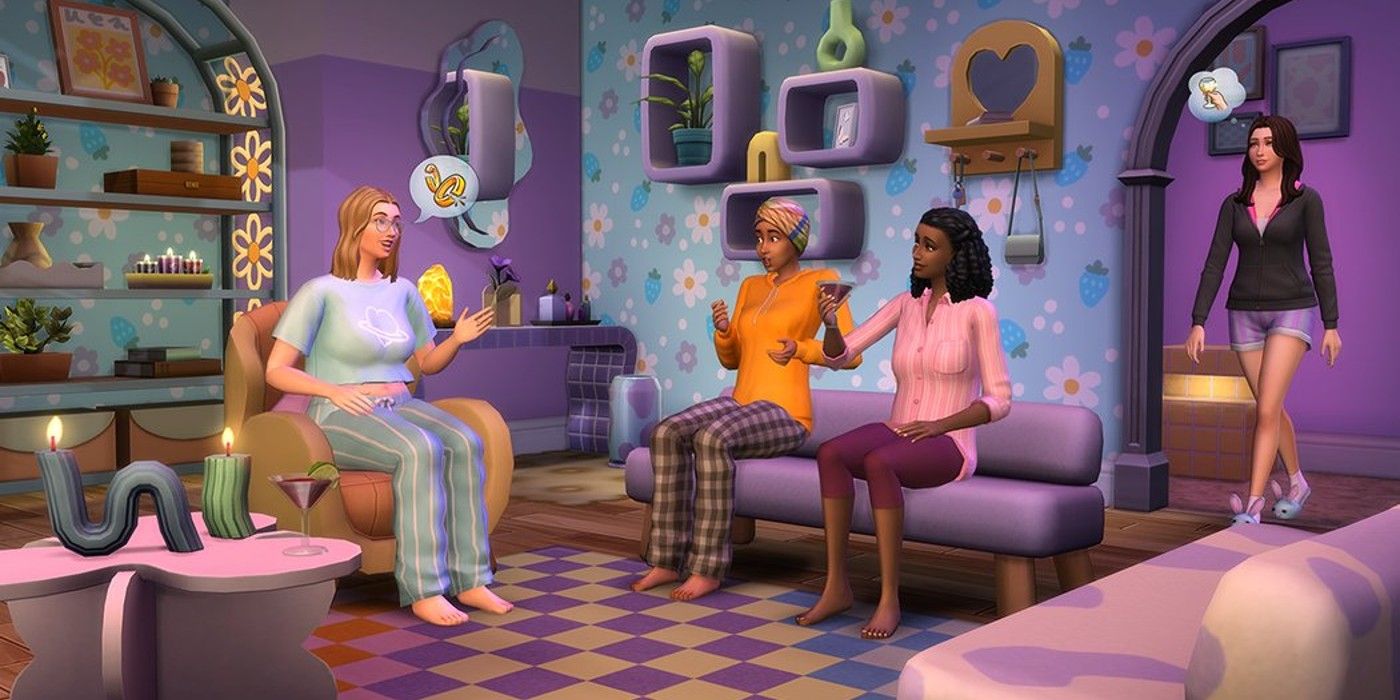 Sims 4 Pastel Pop Kit items being showcased in a purple-hued room, with three Sims sitting and talking and another entering the doorway.