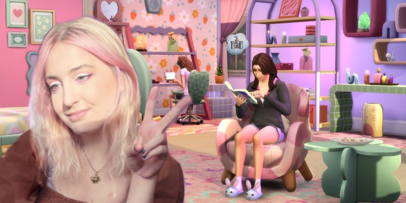 Plumbella giving a peace sign on top of a promo image of a pink room from the Sims 4 Pastel Pop Kit.