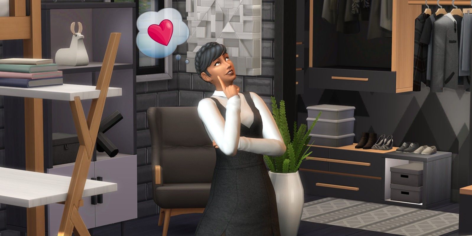 Sims 4 Sim thinking with a thought bubble over their head with a heart in it.