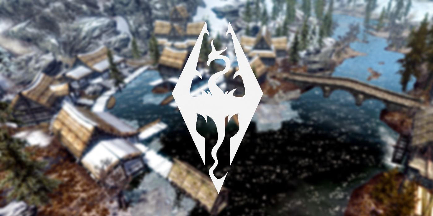 Skyrim's hold capital city of Morthal, blurred and overlaid with Skyrim's logo turned white.
