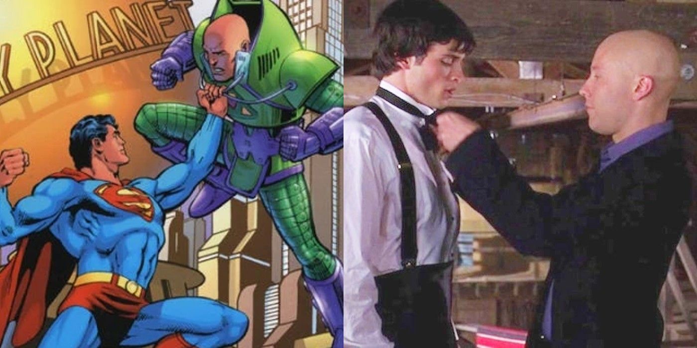Split image of Superman and Lex Luthor fighting in the comics and Lex tying Clark's tie in Smallville