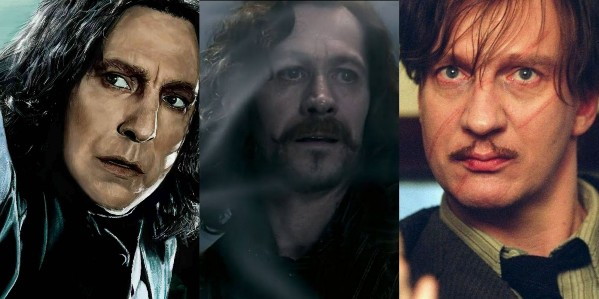 A tri-split image showing, from left to right, Snape, Sirius, and Lupin from Harry Potter. 