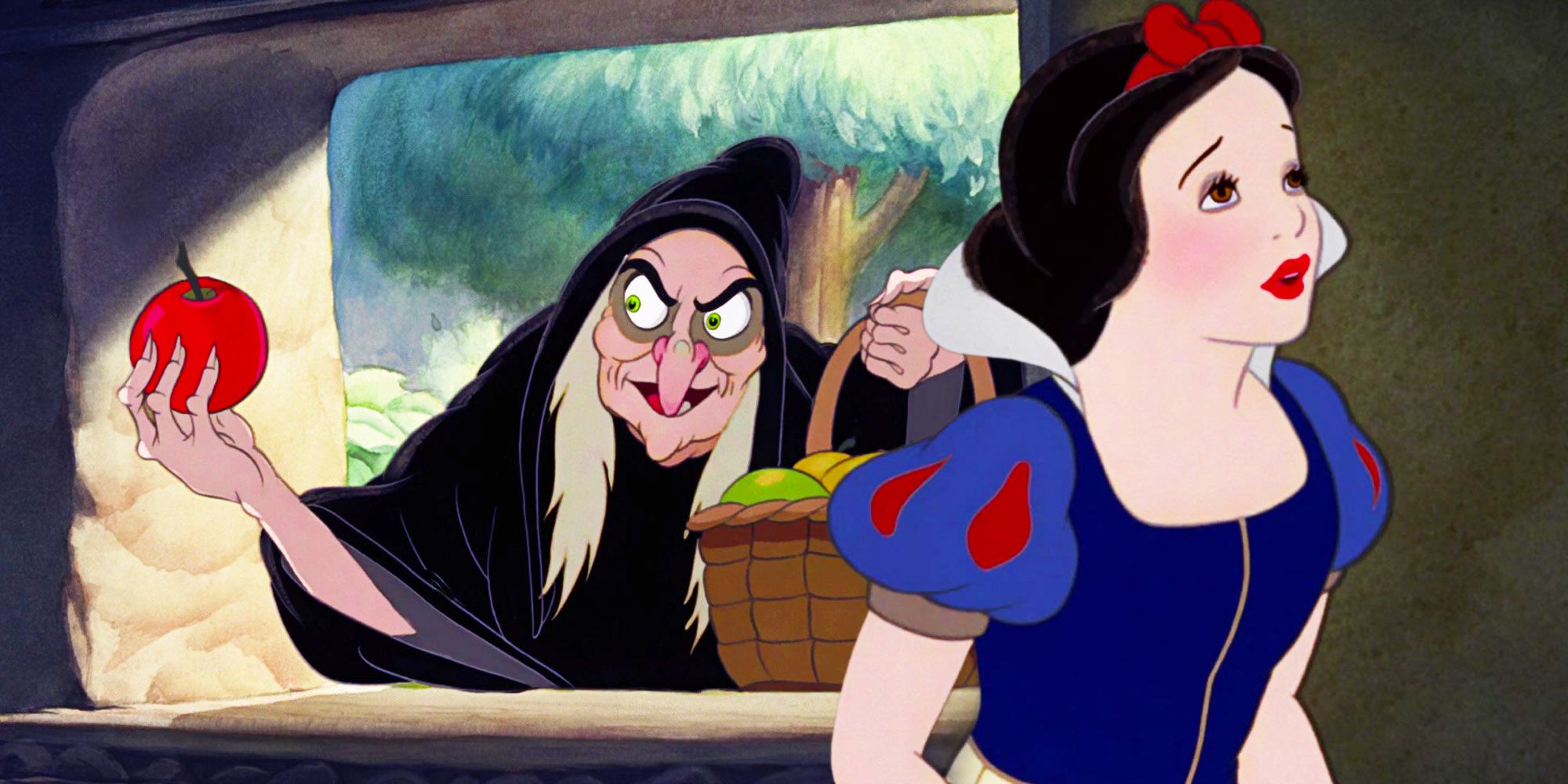 A blended image features the old crone with an apple and the princess looking to the side in Disney's animated Snow White
