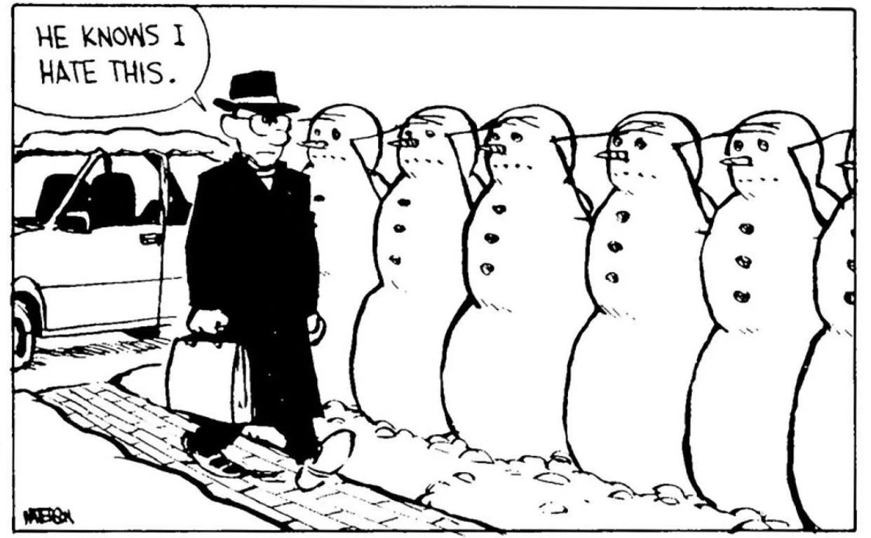 Calvin and hobbes comic, line of snowmen saluting Calvin's angry dad who says, "he knows I hate this"