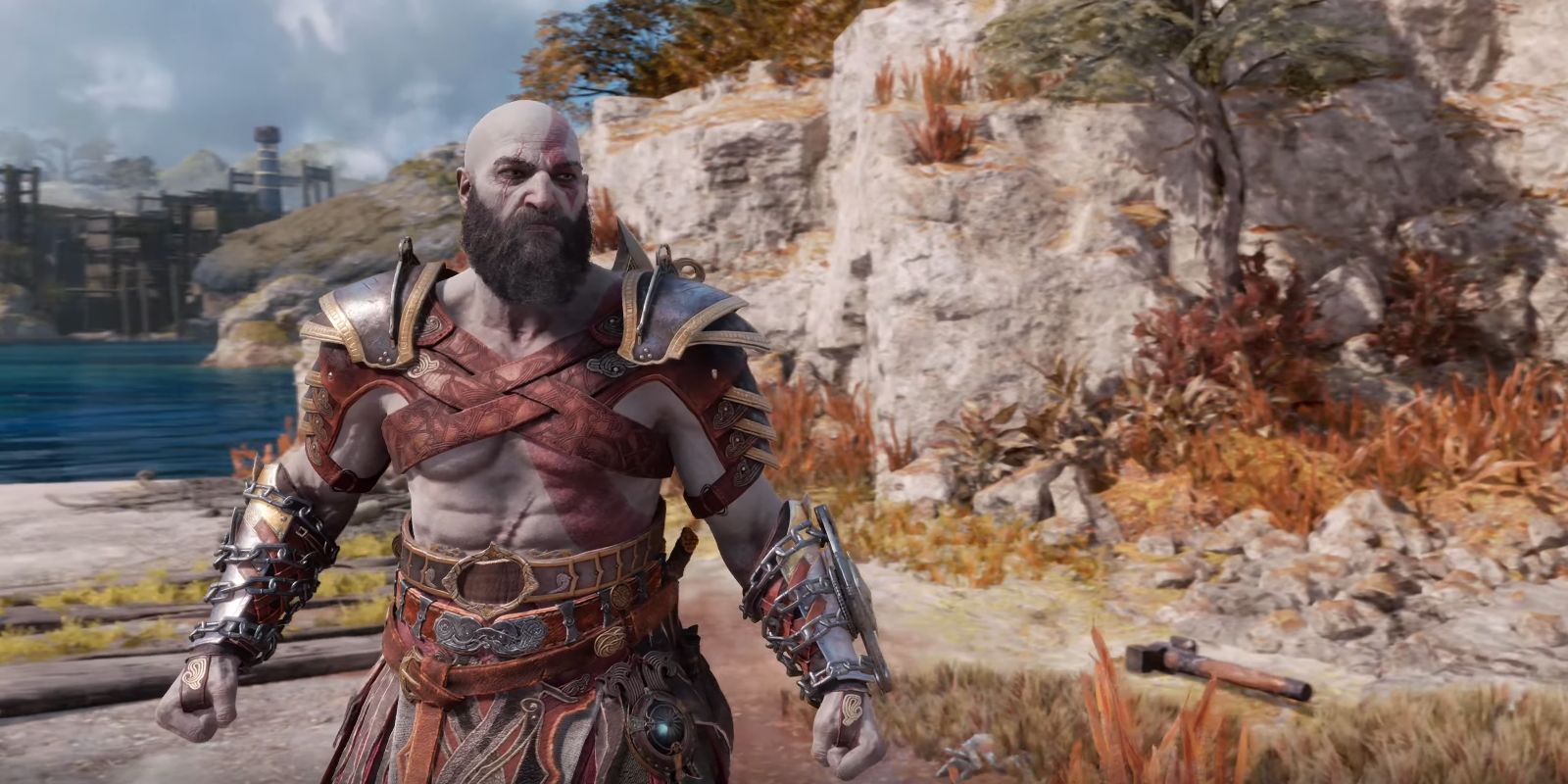 Kratos sporting Sol's Courage, a suit of armor in God of War Ragnarok.