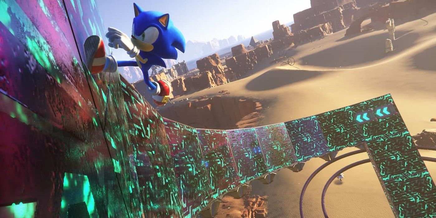 Sonic running on a levitating track above a desert in Sonic Frontiers