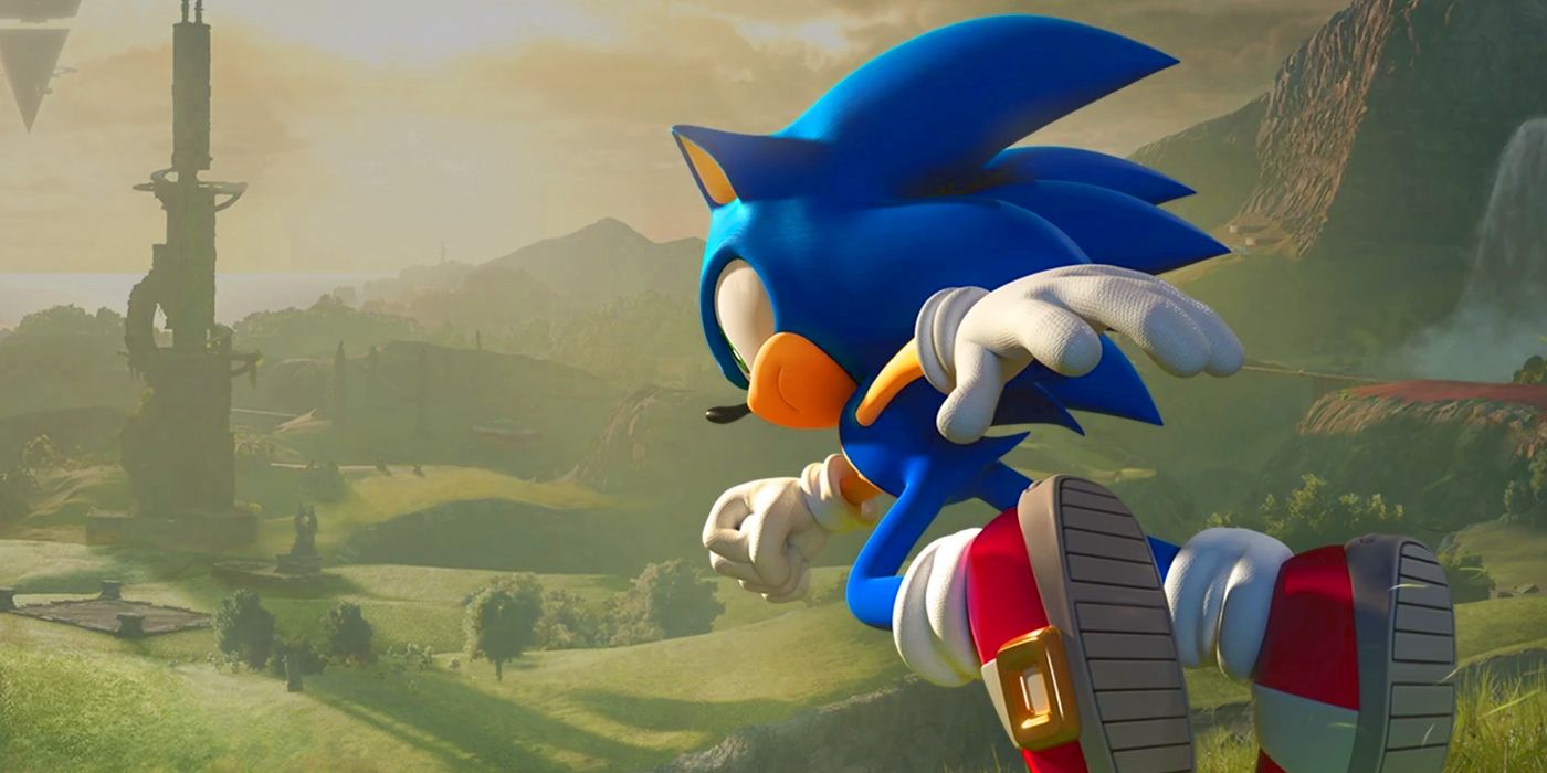Sonic the Hedgehog is seen running towards an ancient ruin in a grassy field.