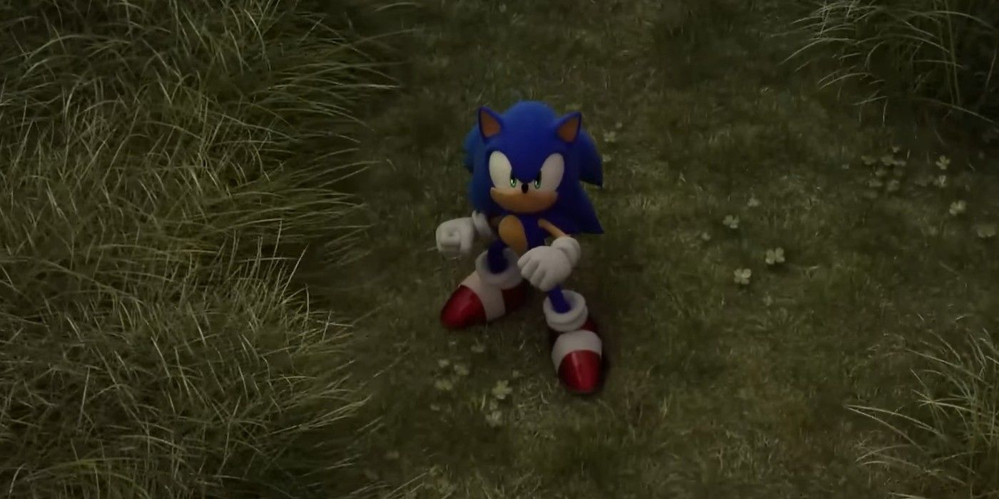 Sonic looking up in tall grass from Sonic Frontiers Launch Trailer