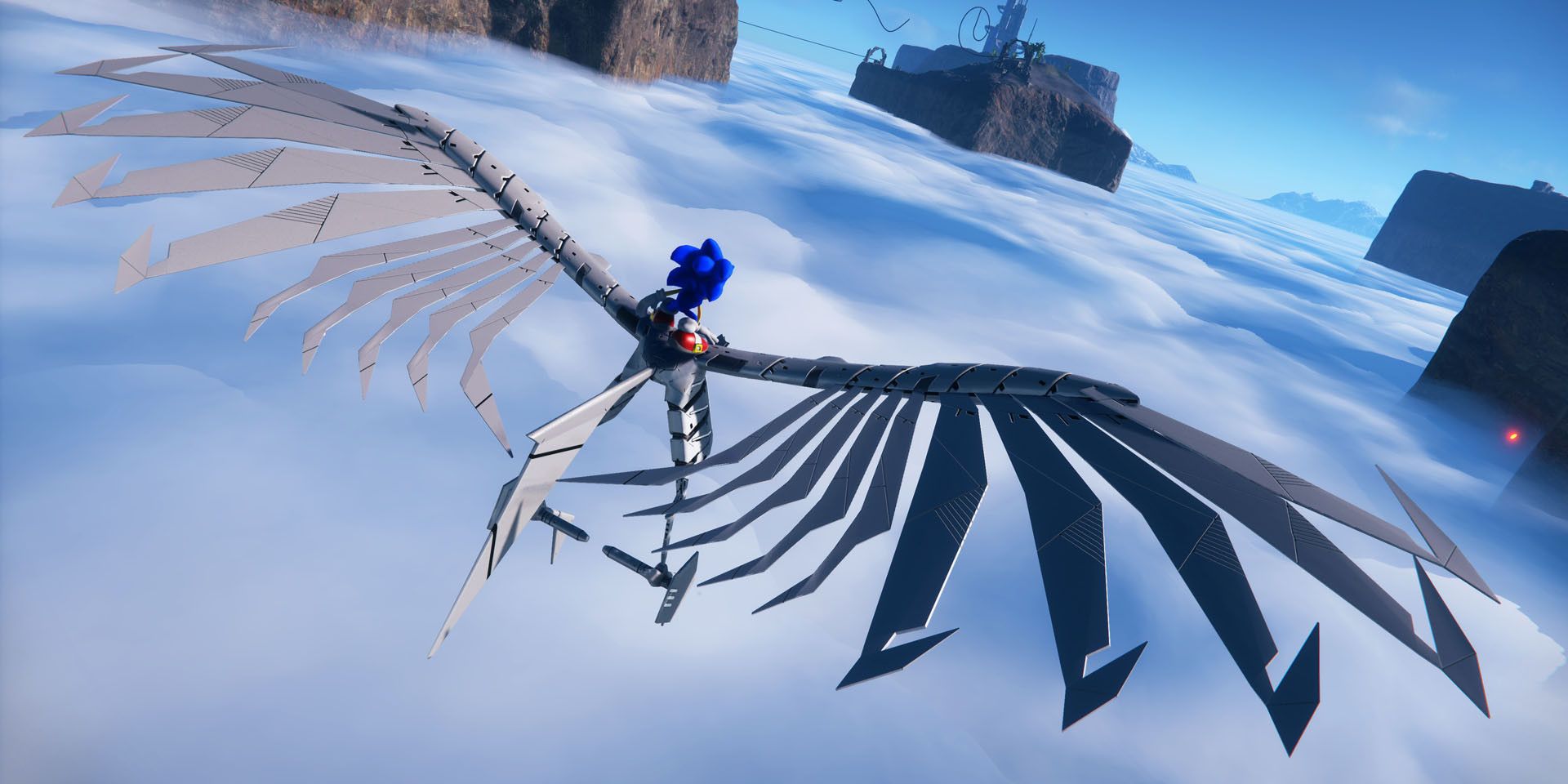 Sonic riding a winged robot in Sonic Frontiers