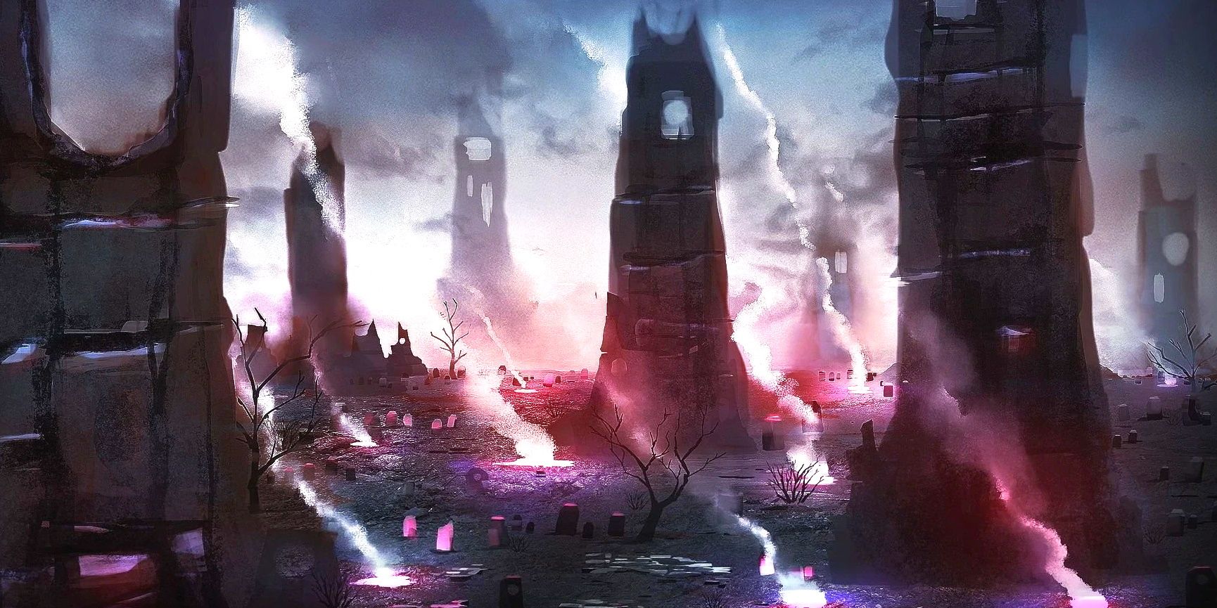 Soul Cairn concept art for Skyrim, showing numerous magical towers in a desolate plain.