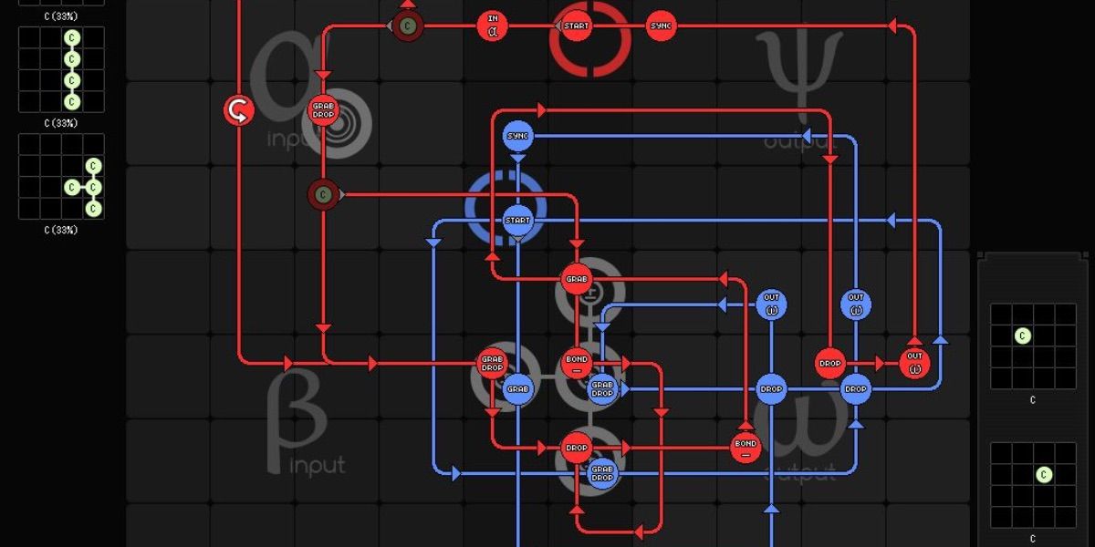 A complicated web of red and blue lines from the puzzle game SpaceChem