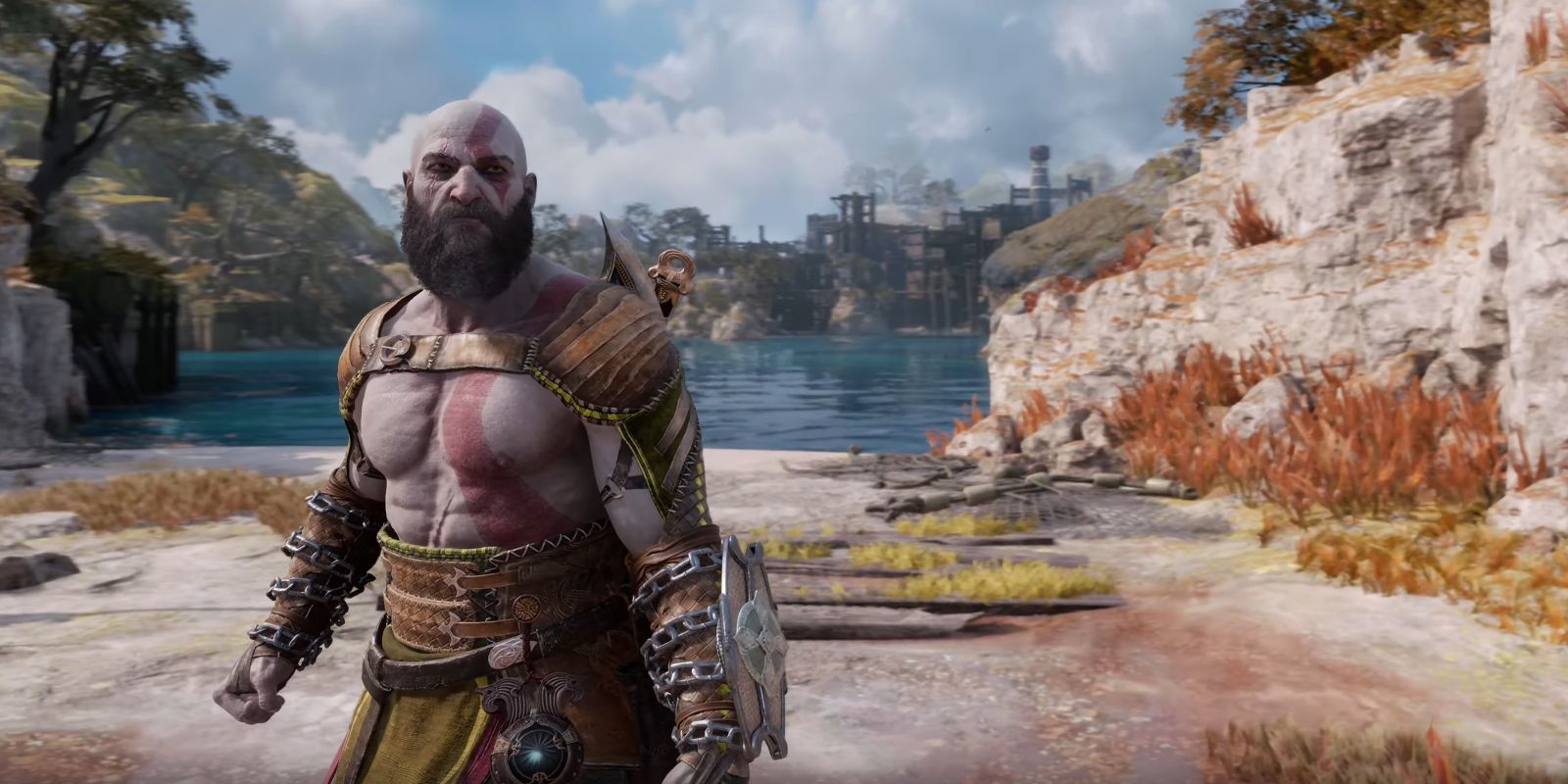 Kratos posing in God of War Ragnarok's Spiritual armor set.