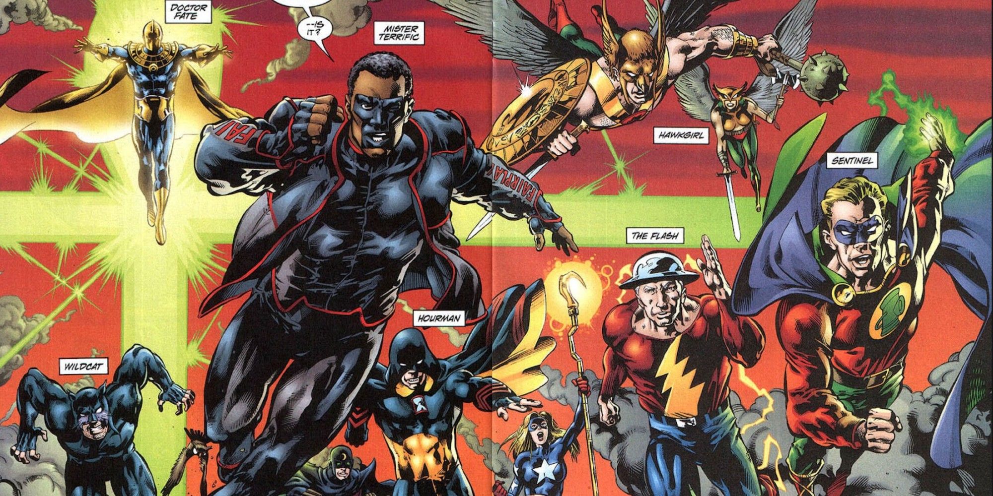 Splash page da Sociedade da Justiça da América avançando para a batalha em JSA All-Stars #1 (2003)