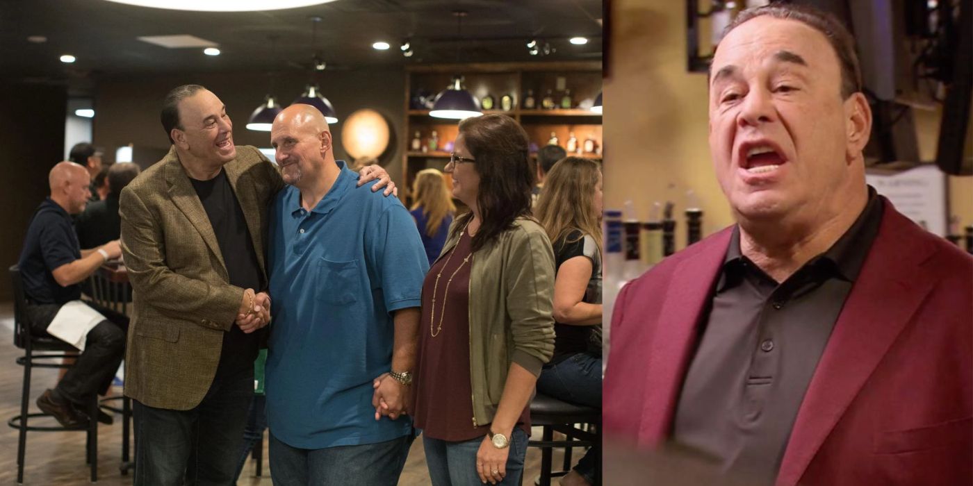 Split image of Jon Taffer shaking hands with bar owners on Bar Rescue and his face yelling
