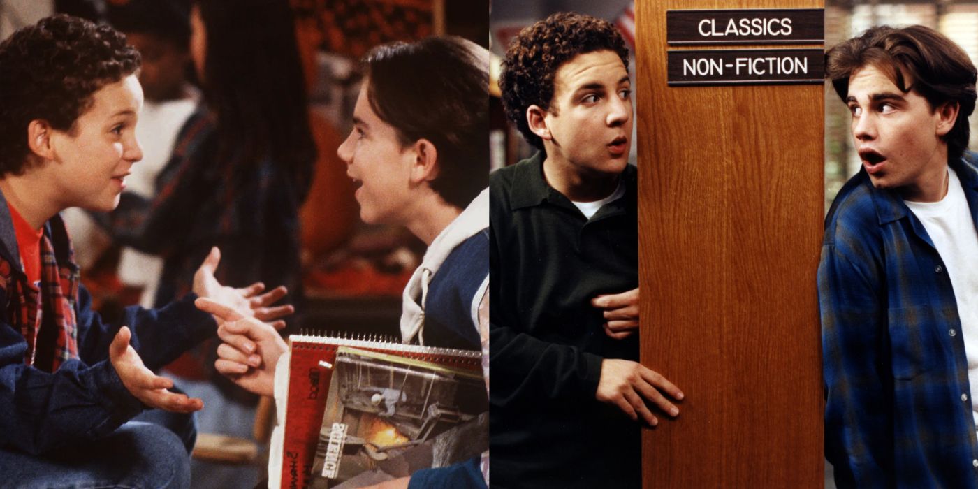 Split image of Shawn and Cory from Boy Meets World from junior high and high school