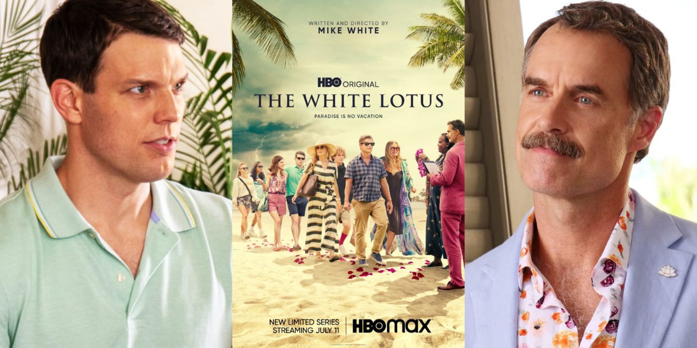 Split Image Jake Lacy as Shane Patton, and Murray Bartlett as Armond, with The White Lotus Season 1 poster