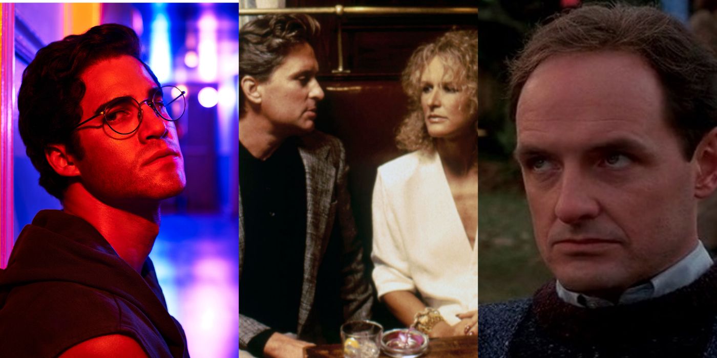 A split image of Darren Criss looking serious, a couple in Fatal Attraction looking at one another, and Terry O'Quinn looking serious in The Stepfather
