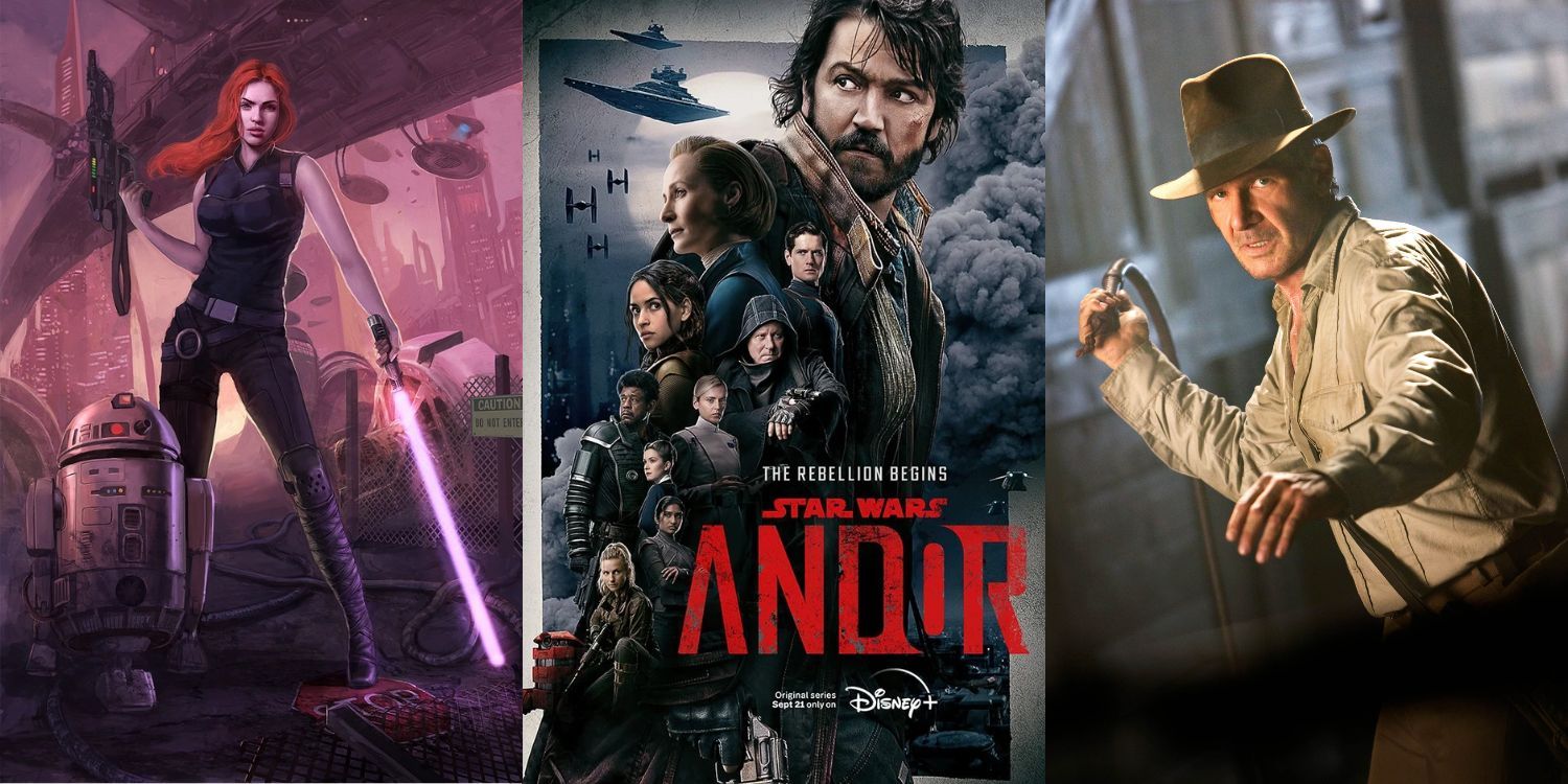 Split Image of Andor Poster, Mara Jade, and Indiana Jones