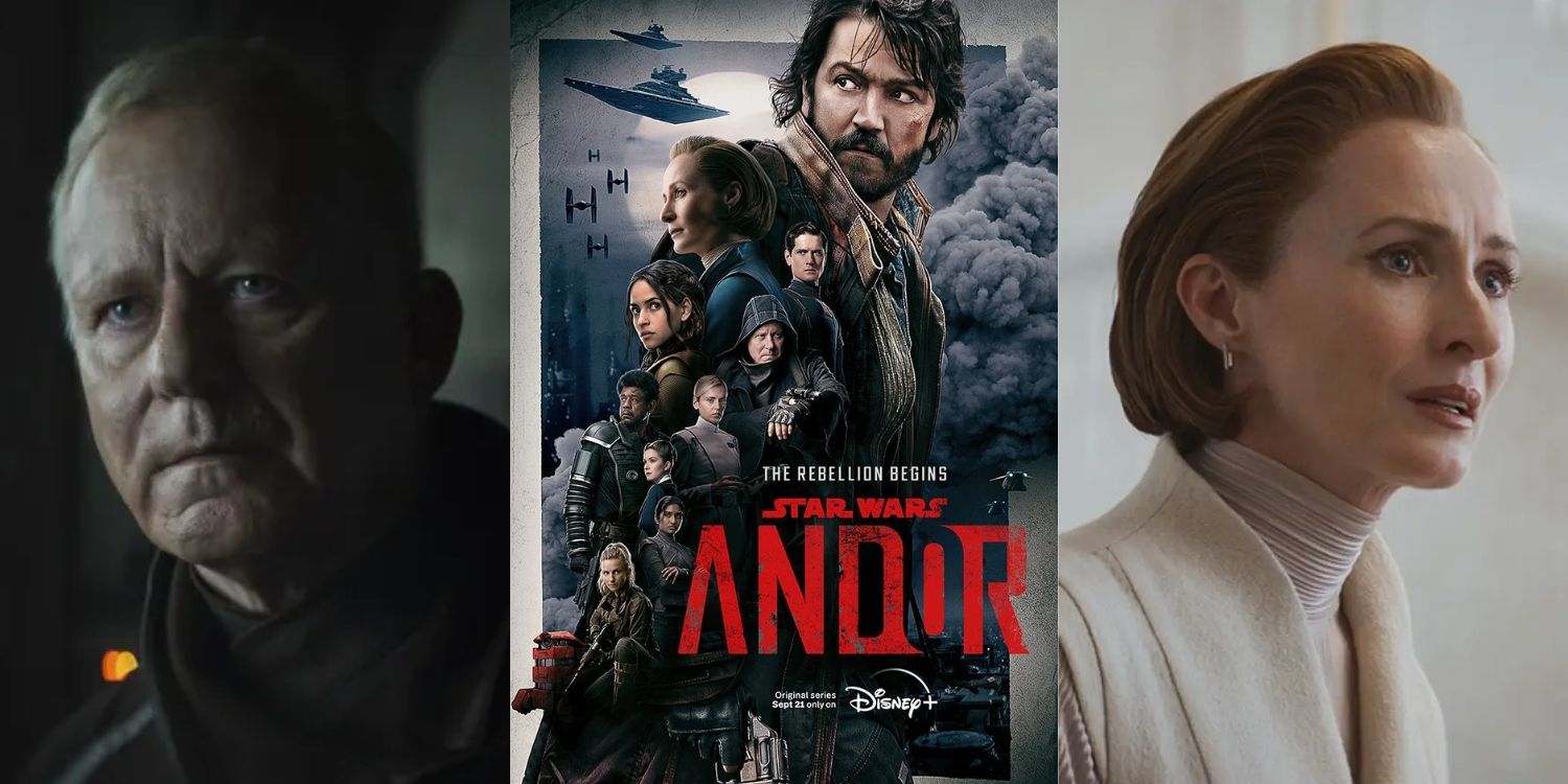 Split Image of Andor poster, Luthen Rael, and Mon Mothma