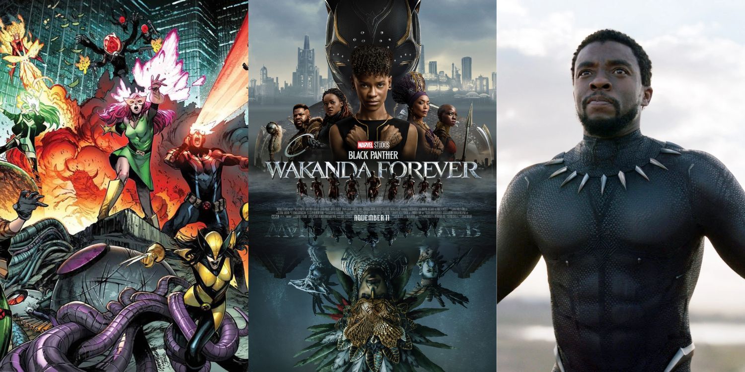 Split Image of Black Panther: Wakanda Forever Poster, X-Men, and Chadwick Boseman as Black Panther