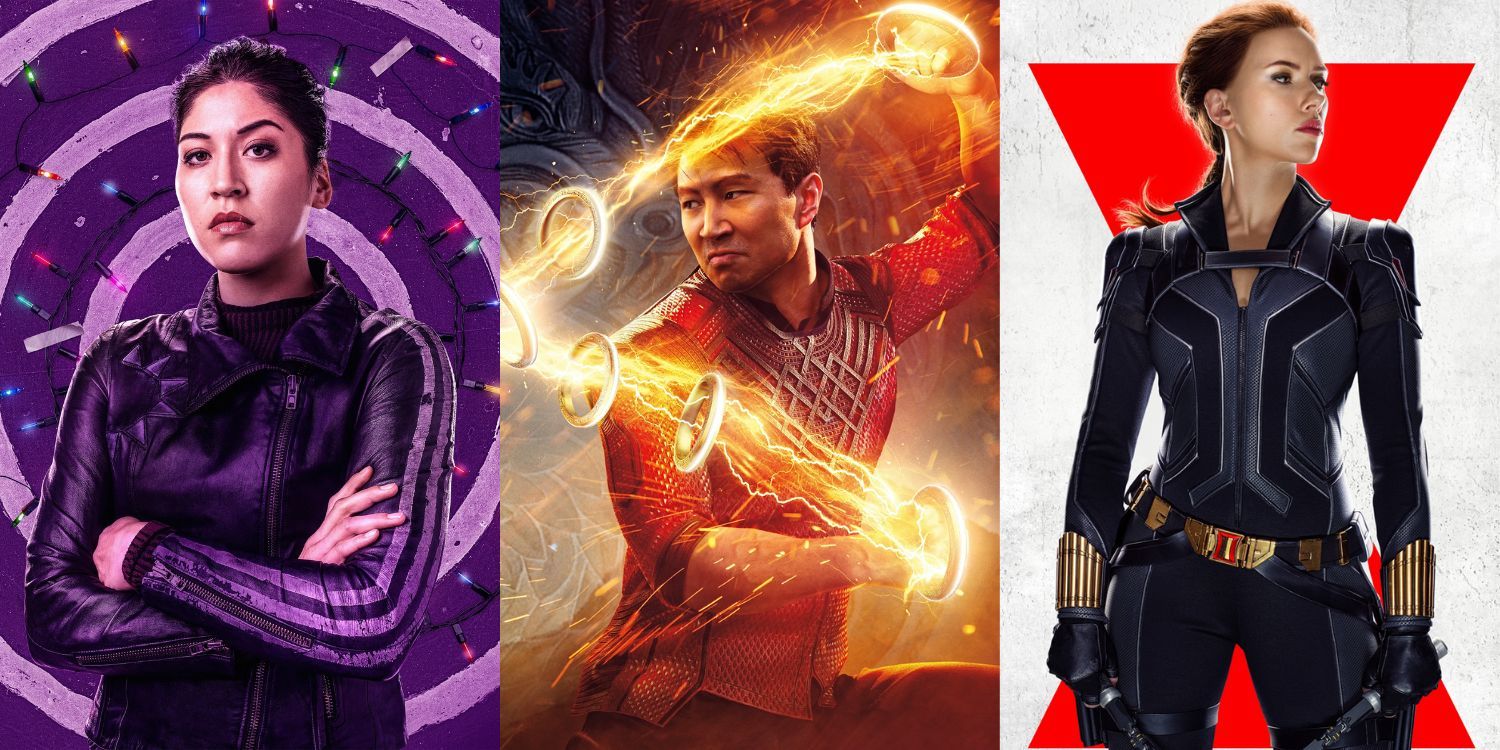 Split Image of Echo, Shang-Chi, and Black Widow Character Posters