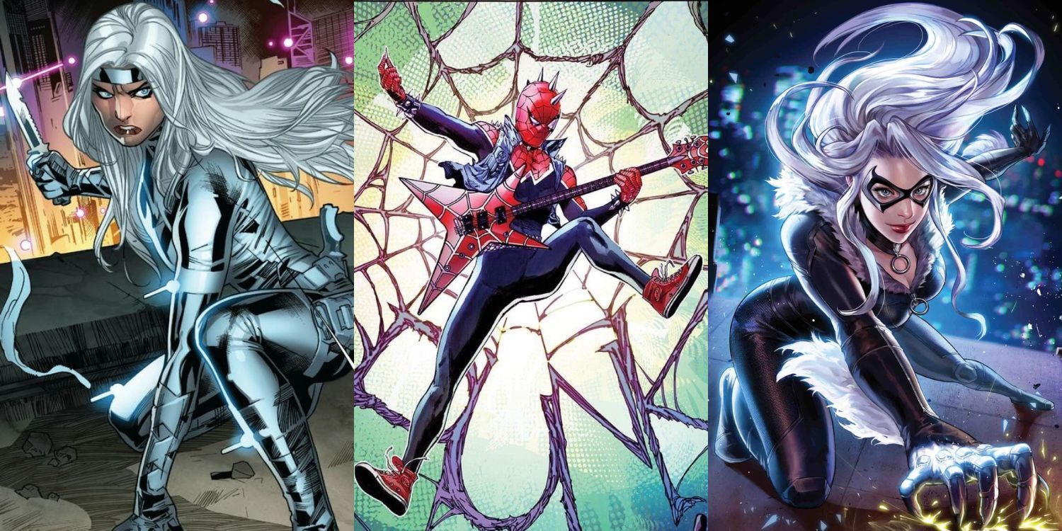 Split Image of Silver Sable, Spider-Punk, and Black Cat from Marvel Comics