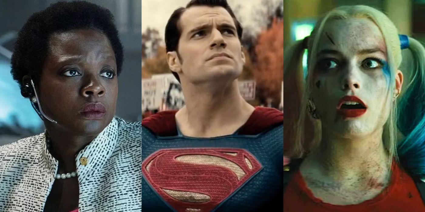 Split image of Amanda Waller, Superman, and Harley Quinn