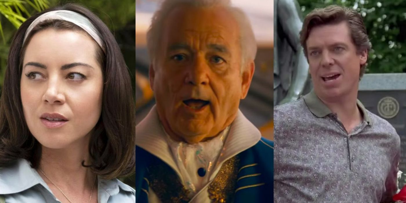 Split image of Aubrey Plaza, Bill Murray, and Christopher McDonald