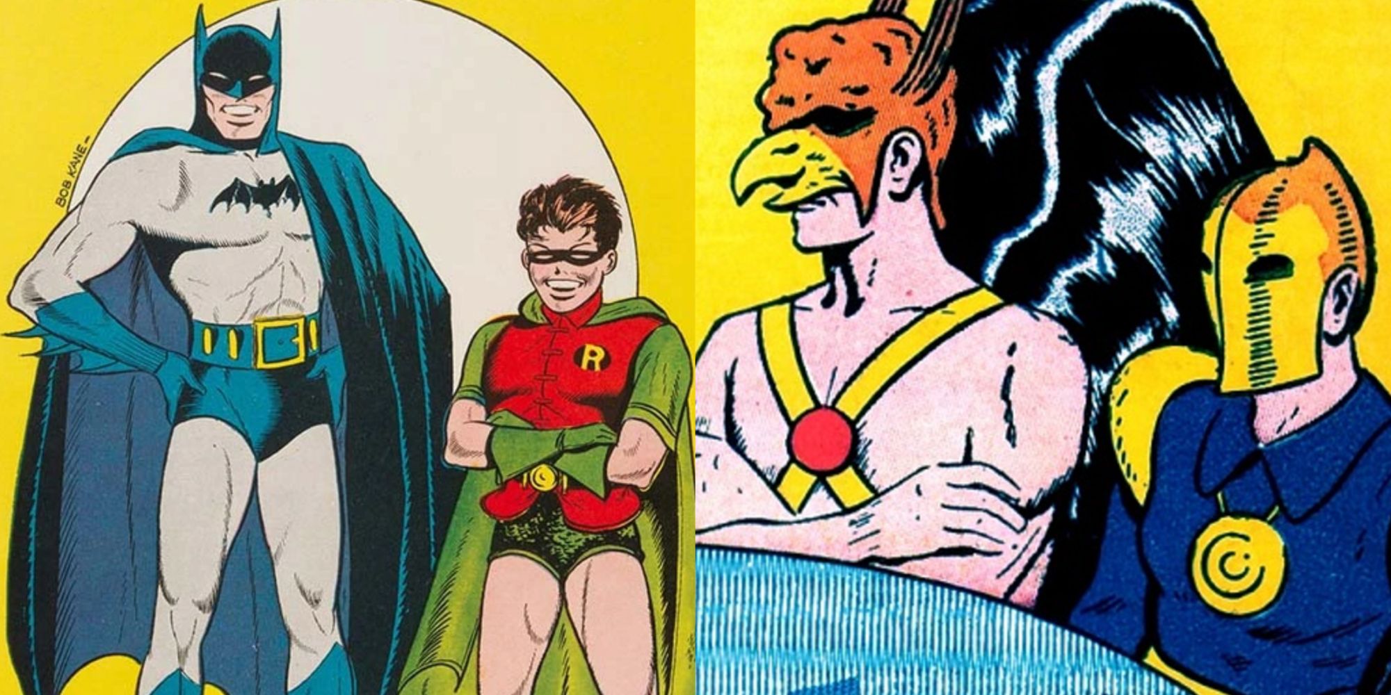 Split image of Batman with Robin and Hawkman with Doctor Fate in DC comics