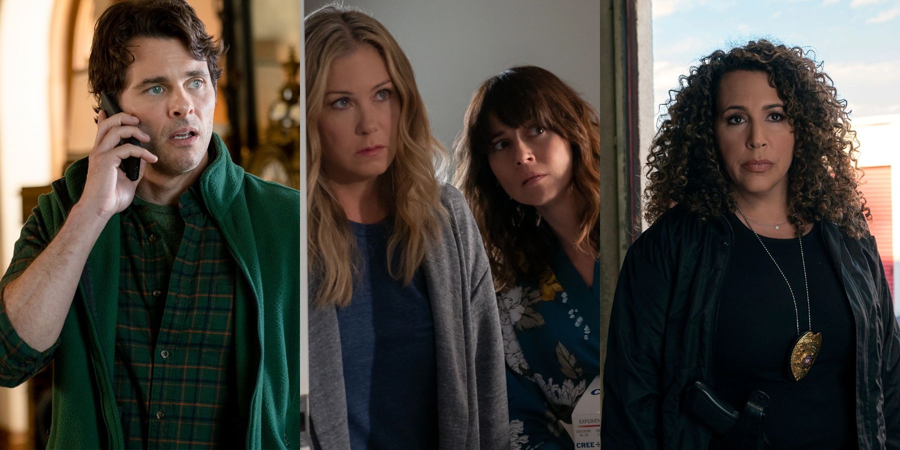 Split image of Ben Wood, Jen Harding, Judy Hale, and Detective Ana Perez in Dead To Me