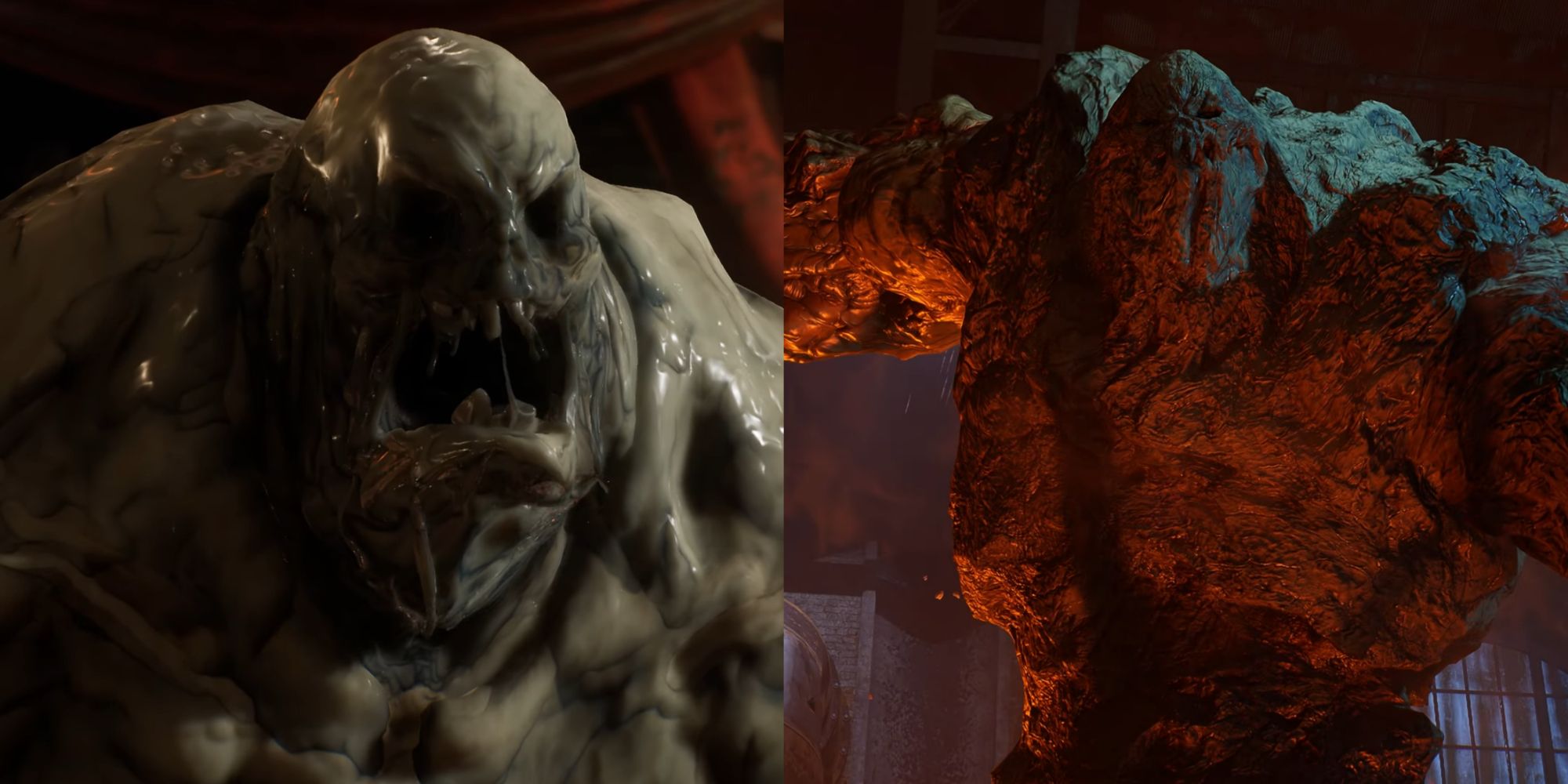 Split image of Clayface in two of his forms in Gotham Knights (2022)
