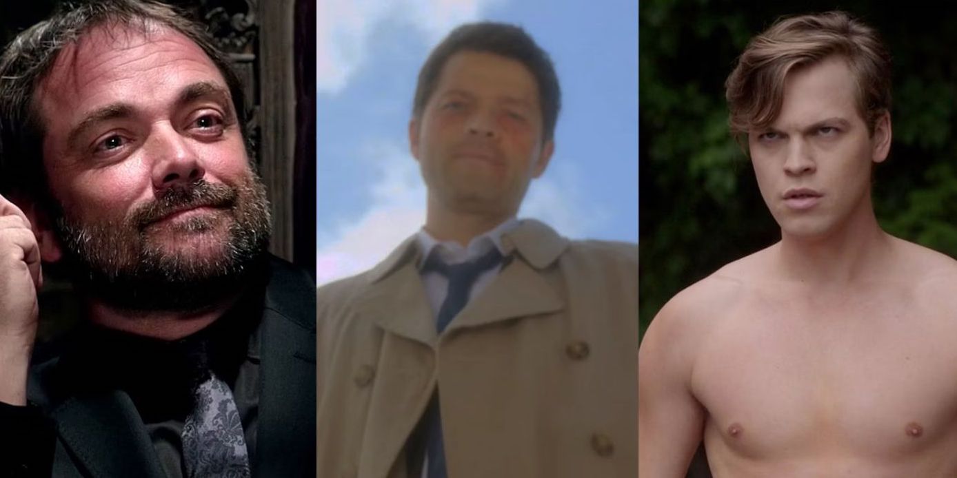 Split image of Crowley, Castiel and Jack from Supernatural