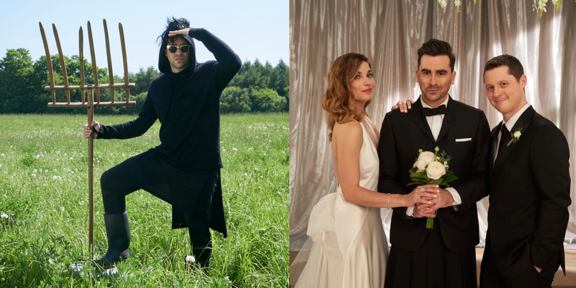 Split image of David with a pitchfork and at his wedding to Patrick in Schitt's Creek