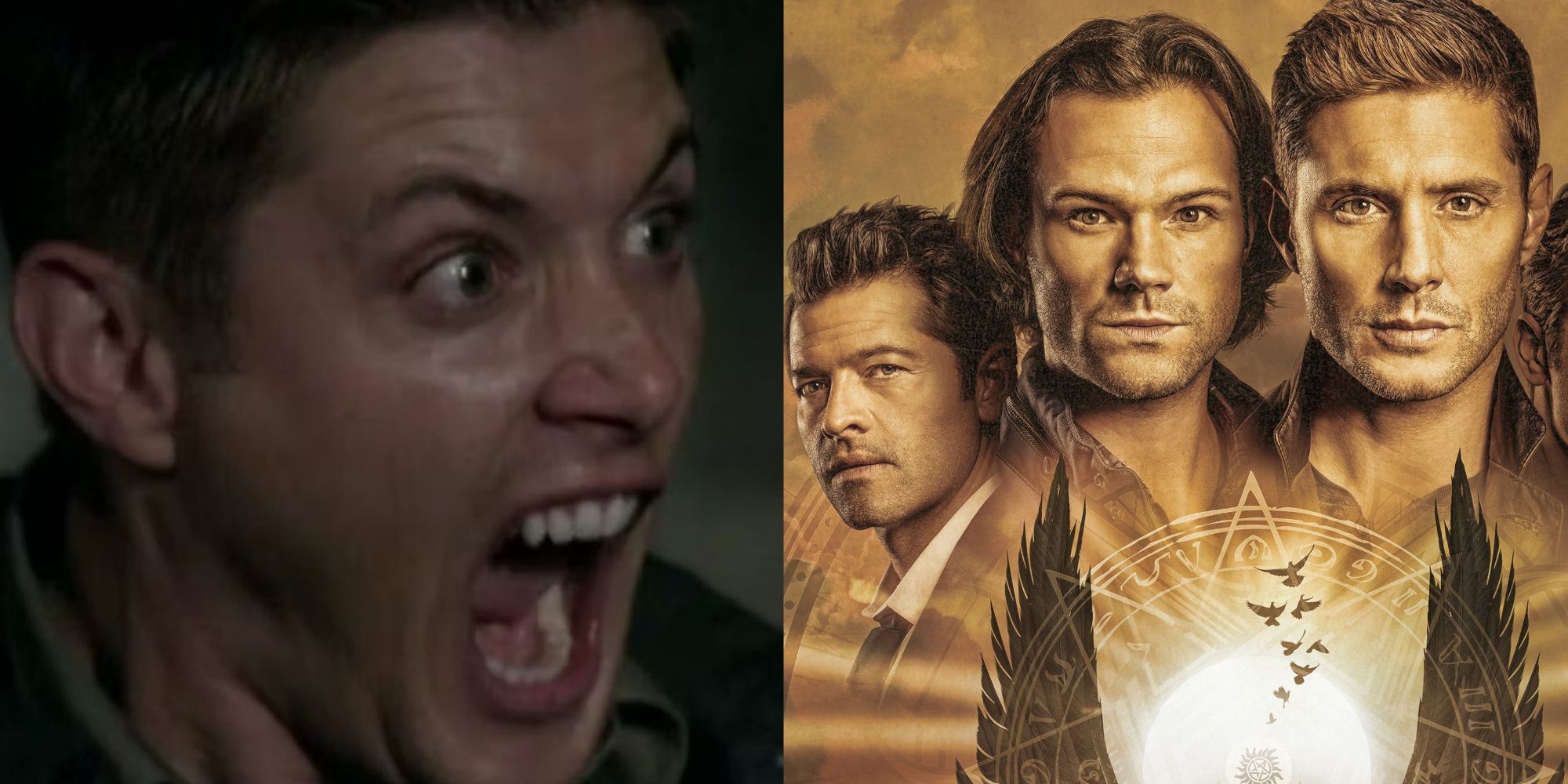 Split image of Dean Winchester yelling at the poster for Supernatural