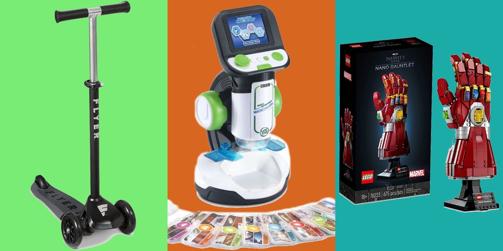 Split image of Flyer Glider Pro scooter, LeapFrog Microscope, and LEGO nano gauntlet set, all from Amazon