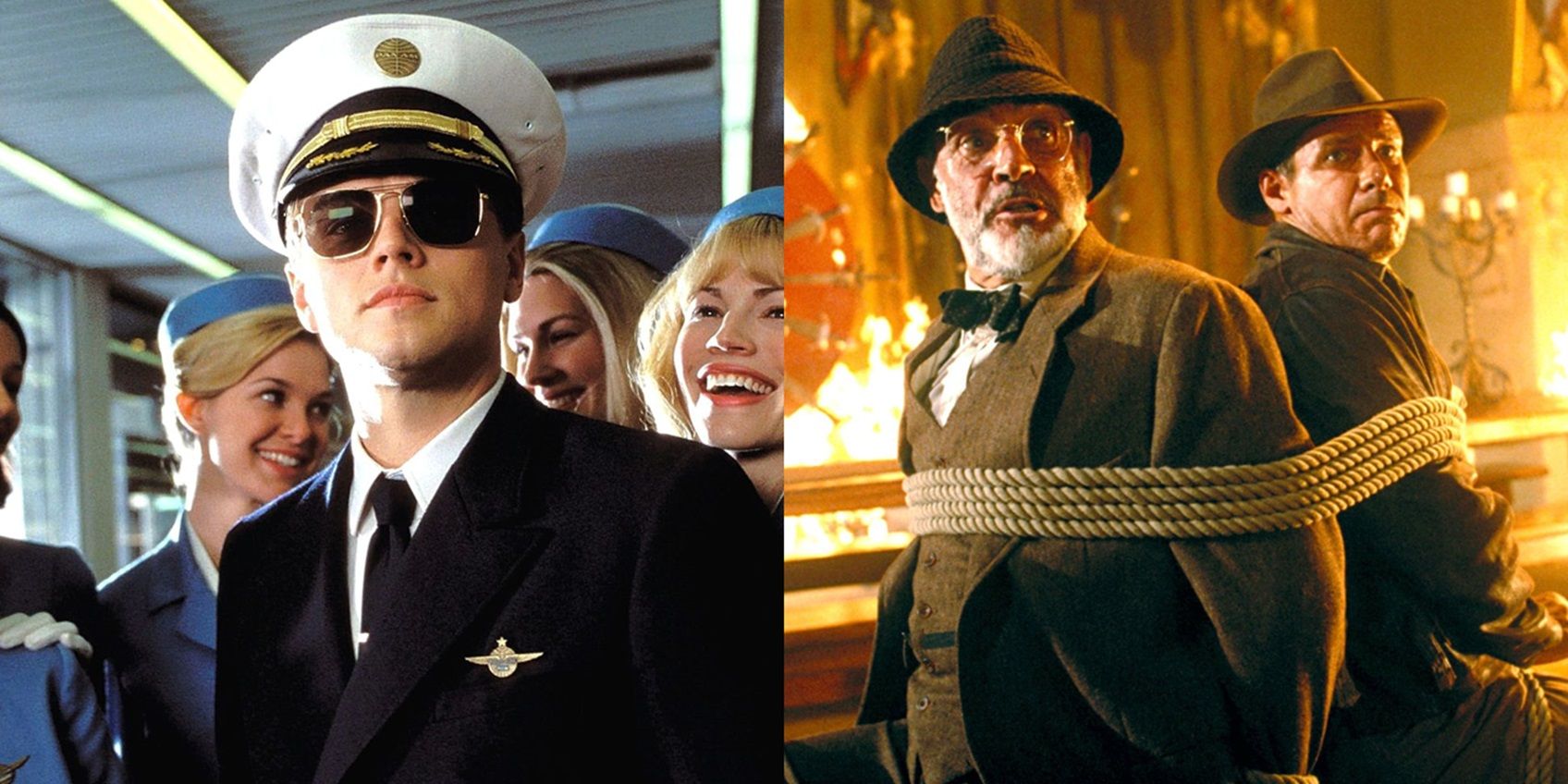 Split image of Frank in Catch Me If You Can and Indy and Henry Sr in Indiana Jones and the Last Crusade