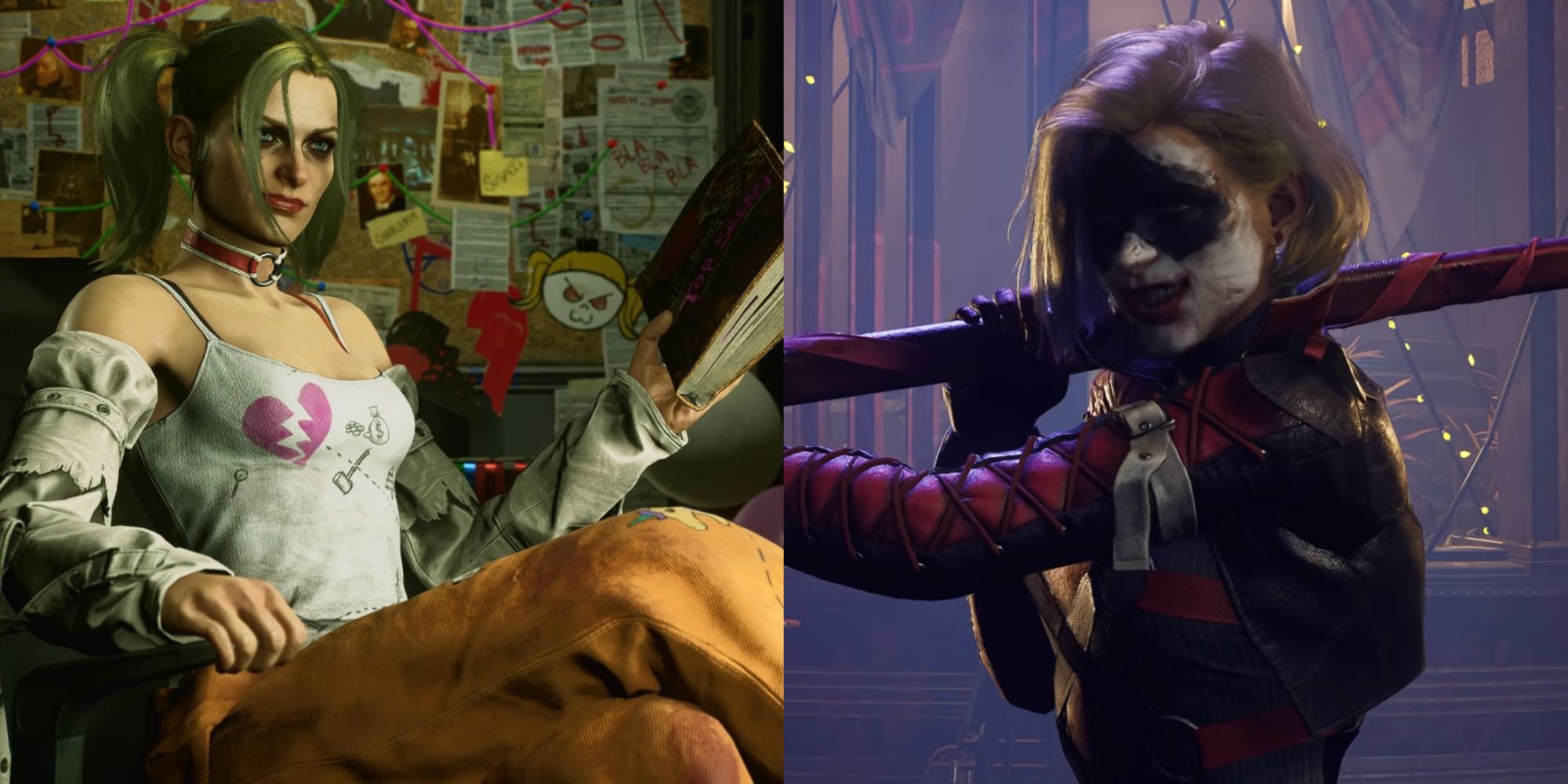 Split image of Harley Quinn in her two forms in Gotham Knights (2022)