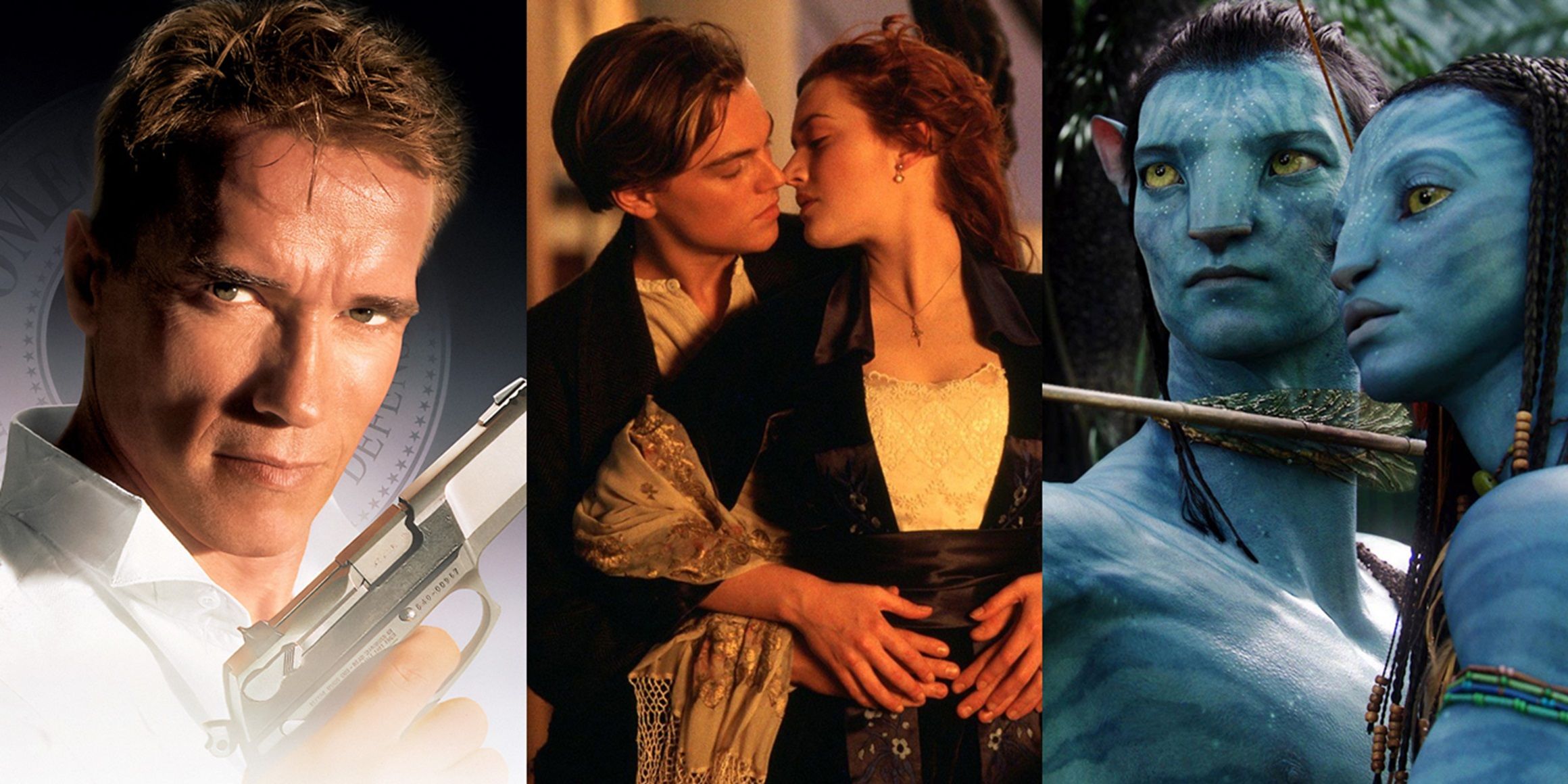 Split image of Harry in True Lies, Jack and Rose in Titanic, and Jake and Neytiri in Avatar